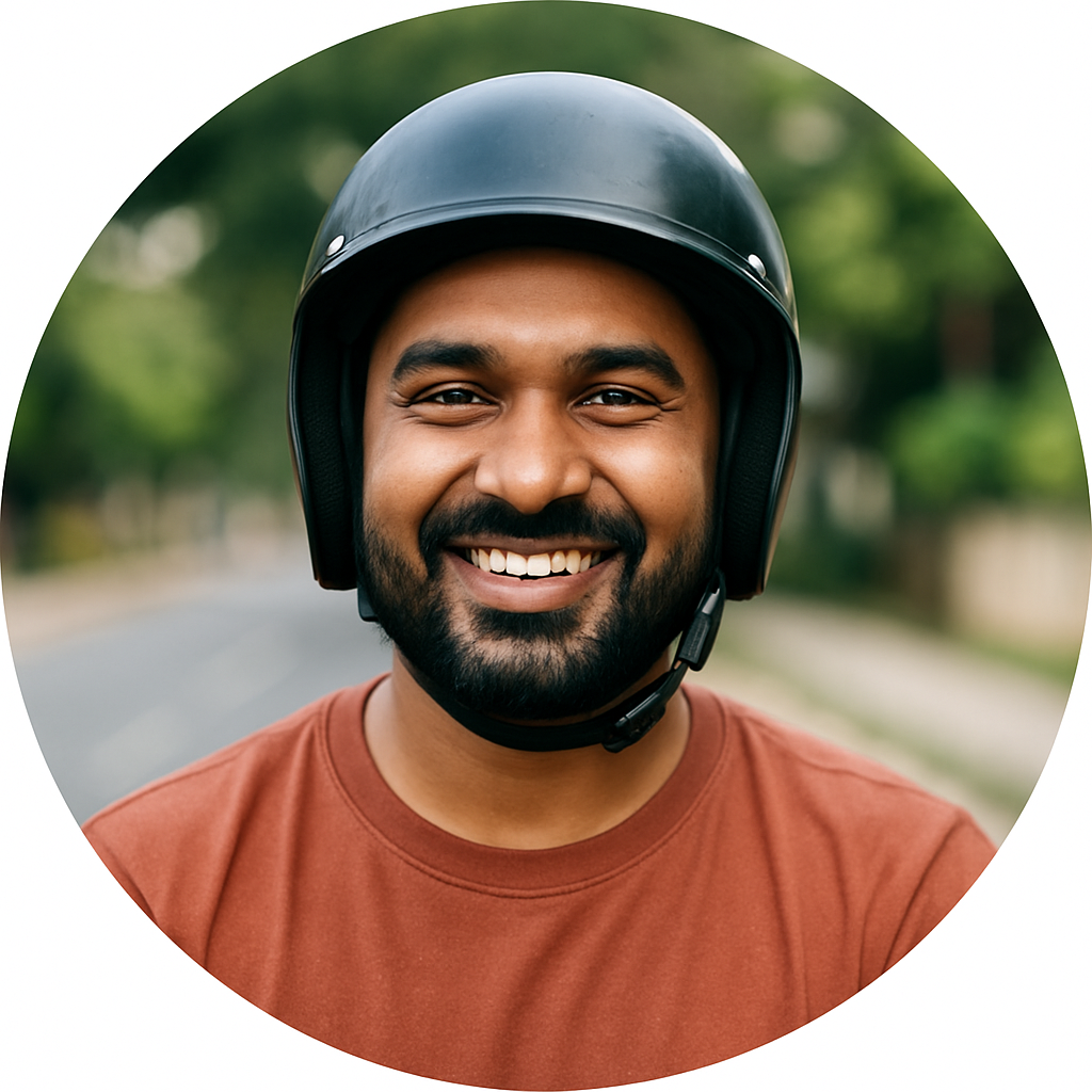 Smiling Indian male scooter rider wearing a helmet and orange t-shirt