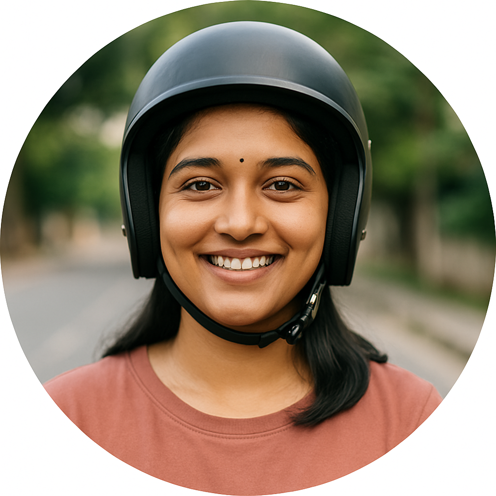 Smiling Indian female scooter rider in a helmet and pink top