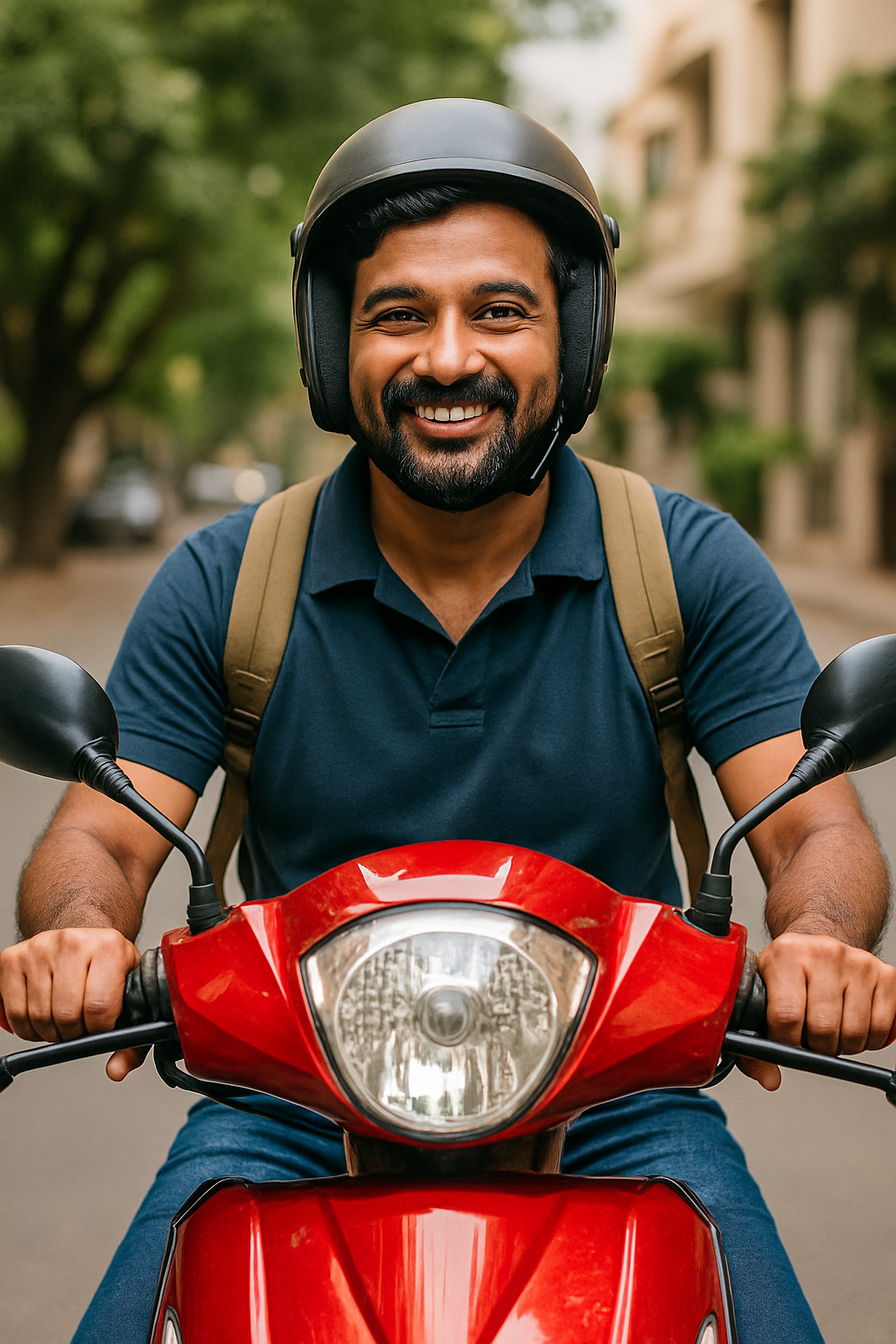 Smiling Indian man on red scooter wearing helmet – Smart Serve Auto Garage doorstep bike servicing