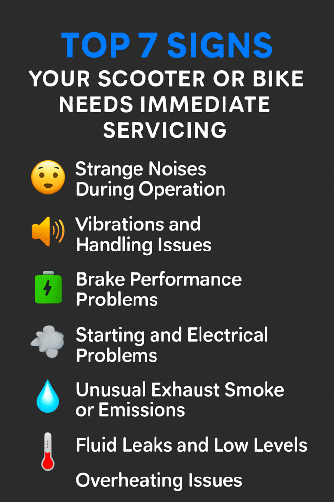 Scooter bike servicing signs infographic - 7 warning indicators for immediate maintenance