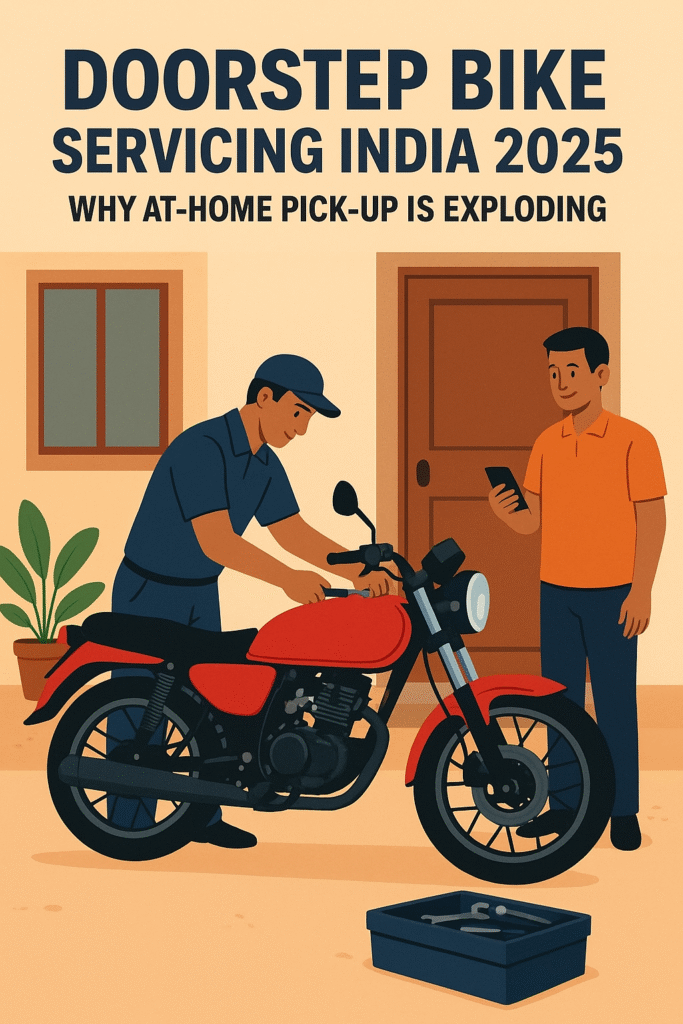 Doorstep bike servicing India 2025 - Professional mechanic in blue uniform servicing red motorcycle at customer's home while owner watches with smartphone, illustrating at-home pickup and repair service trends