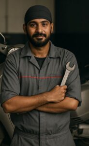 Rohit Chauhan standing in a garage, arms crossed, wearing a mechanic uniform
