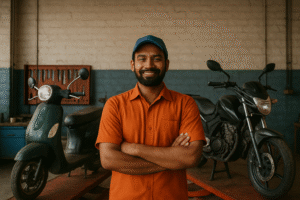 Indian mechanic in a garage with scooter and bike servicing setup.