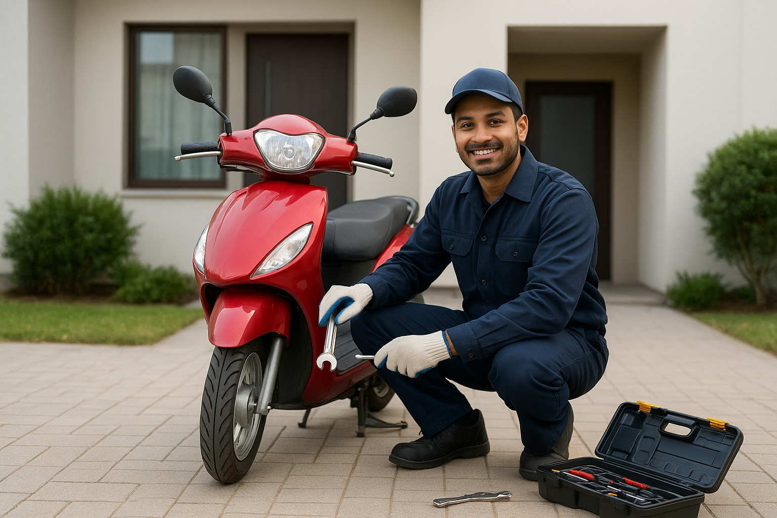 Mechanic providing Scooter and Bike Service at customer’s home with doorstep repair tools and red scooter.